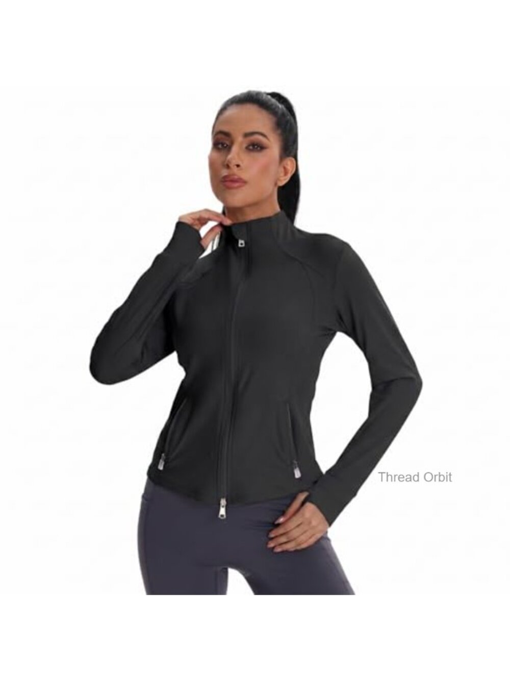 Women's Slim Fit Full Zip Workout Jacket Nylon Spandex Thumbholes Pockets